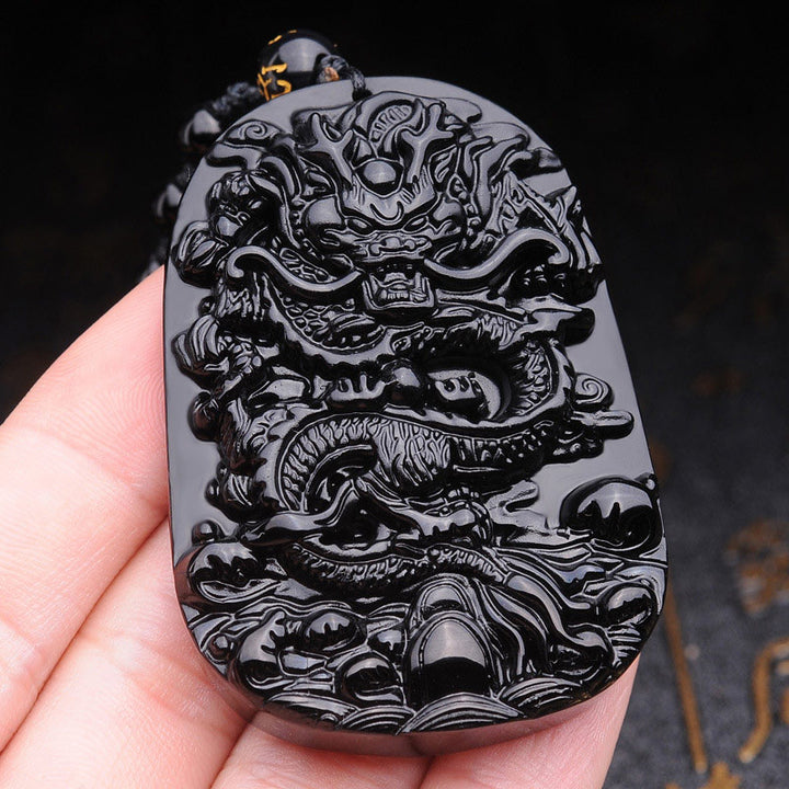 Buddha Stones Black Obsidian Stone Dragon Fulfilment Pendant Necklace - image 3