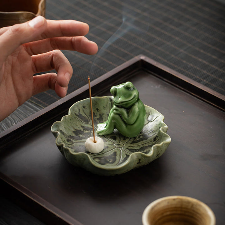 Buddha Stones Leaf Meditation Frog Pattern Healing Ceramic Incense Burner Decoration - image 24