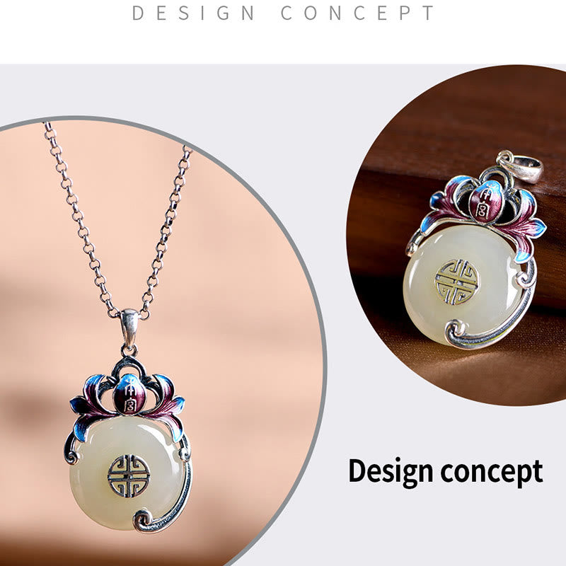 Buddha Stones 925 Sterling Silver Round Flower Hetian Jade Luck Necklace Pendant Earrings Set