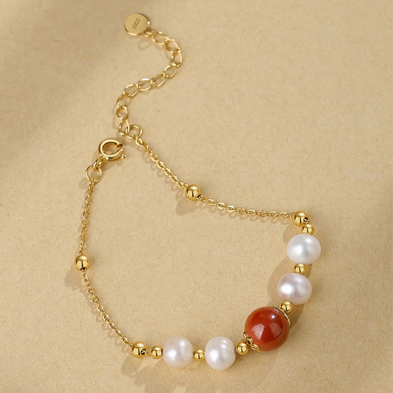 Buddha Stones 925 Sterling Silver Pearl Cinnabar Healing Bead Chain Bracelet - image 4