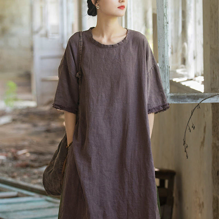 Buddha Stones Mid Length Dress Ramie Linen Half Sleeve Split Hem Top T-Shirt