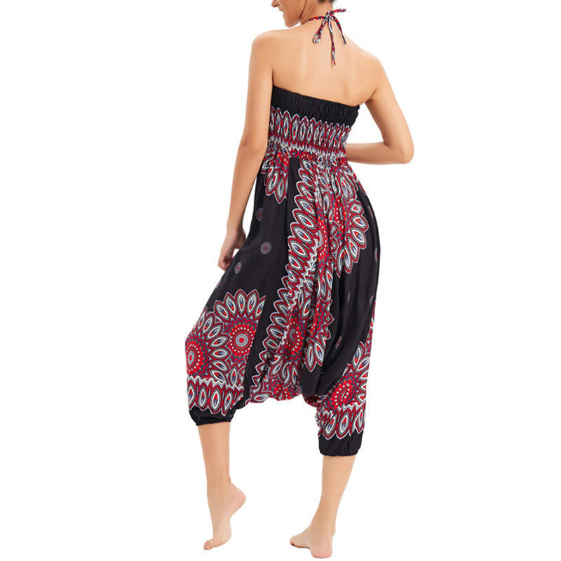 Buddha Stones Two Style Wear Sunflower Loose Smocked Harem Trousers Jumpsuit High Waist Pants