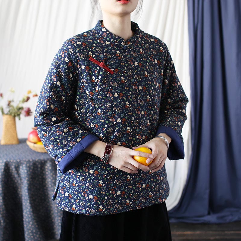 Buddha Stones Flowers Cotton Linen Jacket Shirt Chinese Northeast Style Winter Clothing