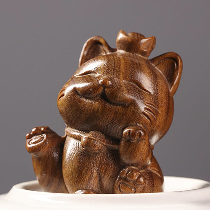 Buddha Stones Mini Green Sandalwood Ingot Lucky Cat Carved Peace Desk Decorations - image 5