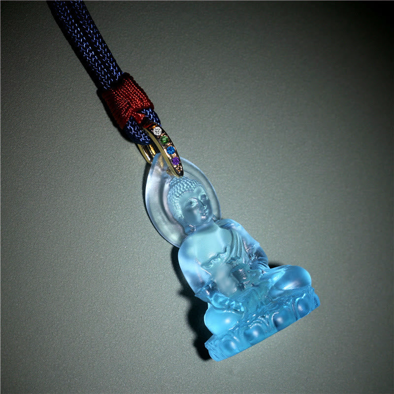 Buddha Stones Blue Tathagata Buddha Medicine Buddha Liuli Crystal Serenity Amulet Necklace Pendant