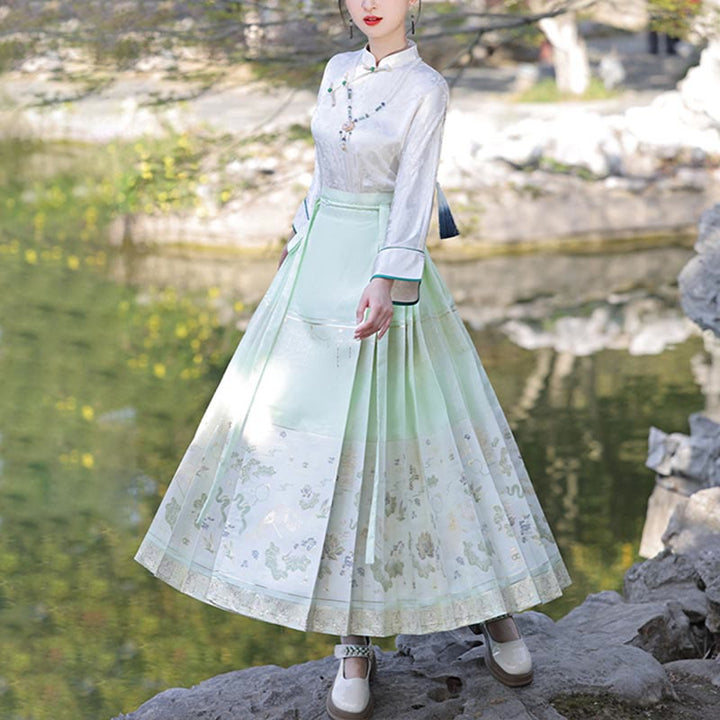 Buddha Stones Chinese Hanfu Mint Mambo West Lake Printed Horse Face Skirt Mamianqun