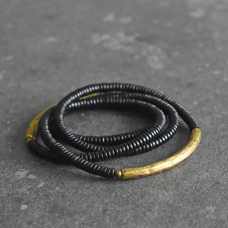 Buddha Stones Ebony Wood Brass Copper Balance Multilayered Bracelet - image 4