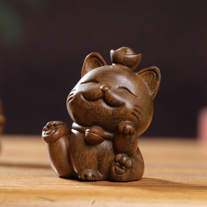 Buddha Stones Mini Green Sandalwood Ingot Lucky Cat Carved Peace Desk Decorations - image 15