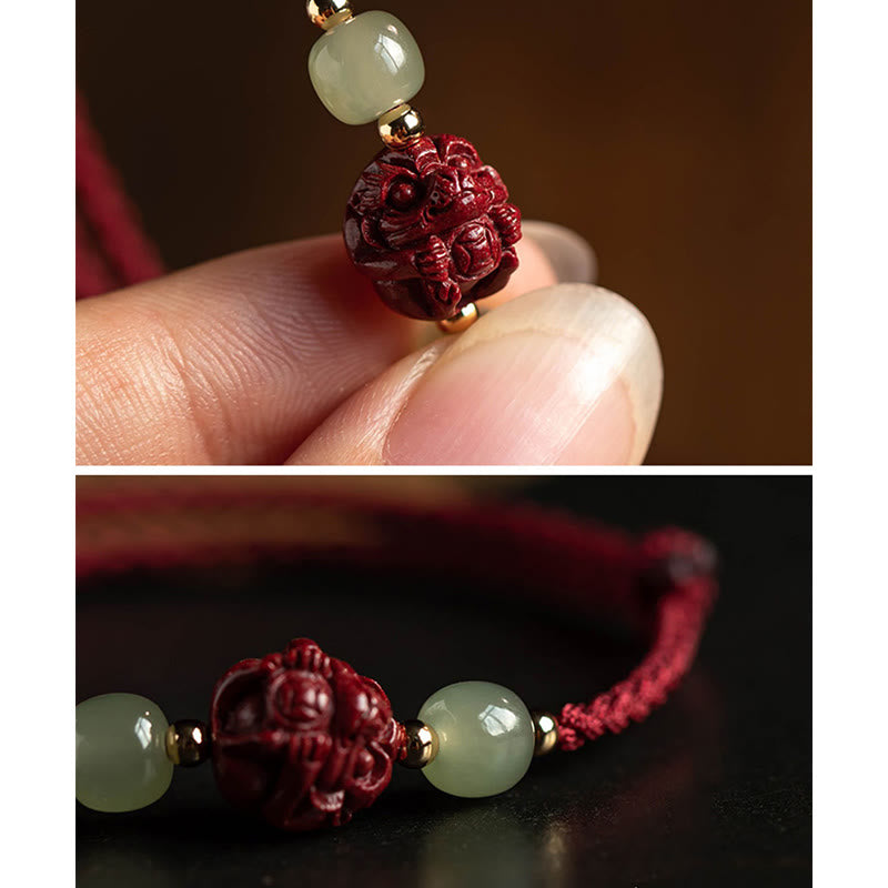 Buddha Stones Natural Cinnabar Chinese Zodiac Hetian Jade Fu Character Luck Rope Bracelet