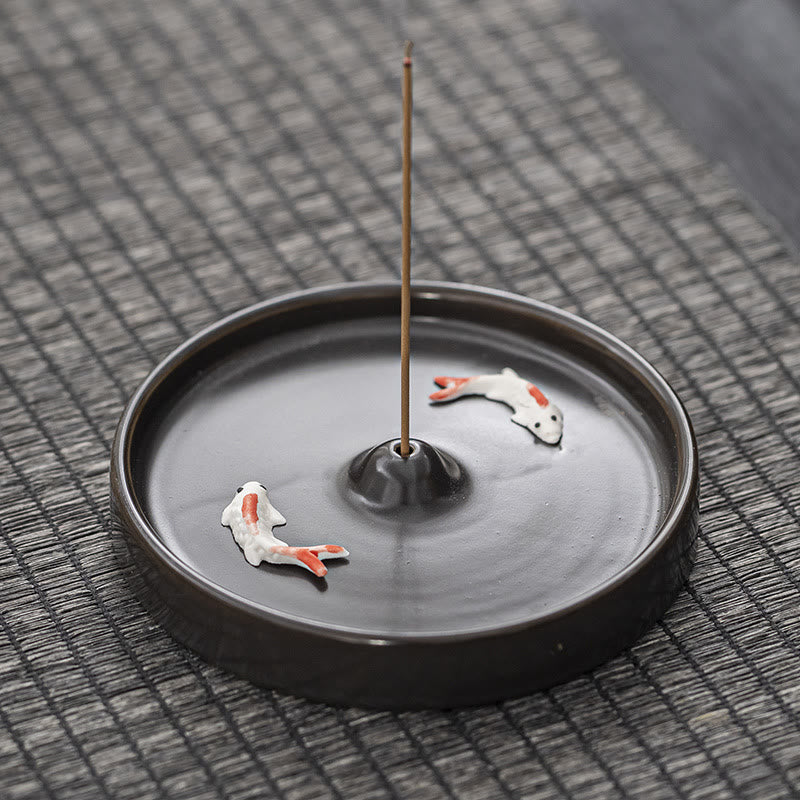 Buddha Stones Koi Fish Pattern Spiritual Healing Ceramic Incense Stick Burner Decoration - Black Koi Fish - image 7