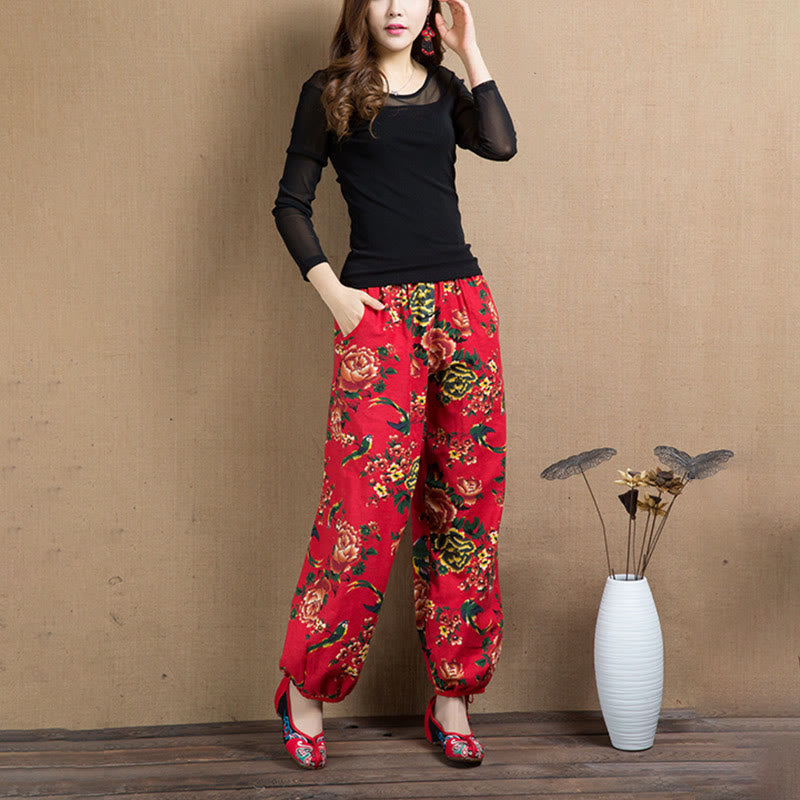 Buddha Stones Ethnic Style Red Green Flowers Print Harem Pants With Pockets