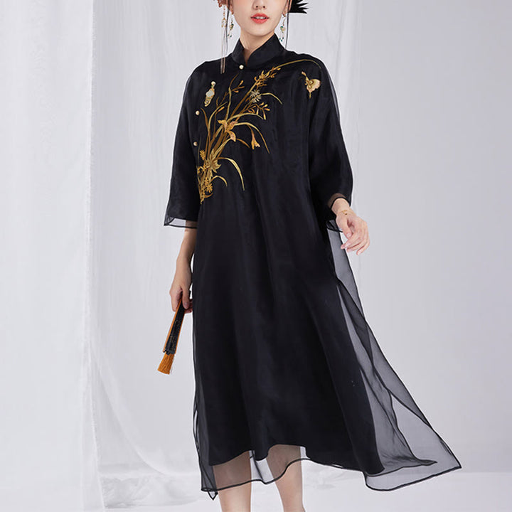 Buddha Stones 100% Mulberry Silk 6 Momme Dress Vintage Flower Butterfly Embroidery Qipao Dress Women's Cheongsam Dress - Black - US8-10，UK/AU12-14，EU40-42 (XL) - image 14