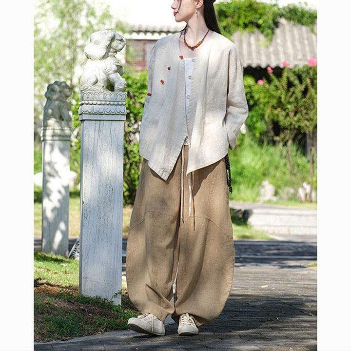 Buddha Stones Solid Color Ramie Linen Loose Blouse Long Sleeve Shirt Chinese Hanfu Top