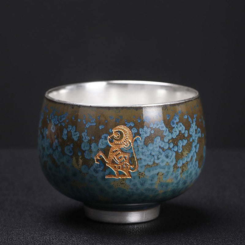 Buddha Stones 999 Gilt Silver Gilt Chinese Zodiac Ceramic Teacup Kung Fu Tea Cup 160ml