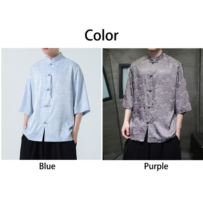 Buddha Stones Simple Jacquard Frog-button Chinese Three Quarter Sleeve Shirt Men T-shirt