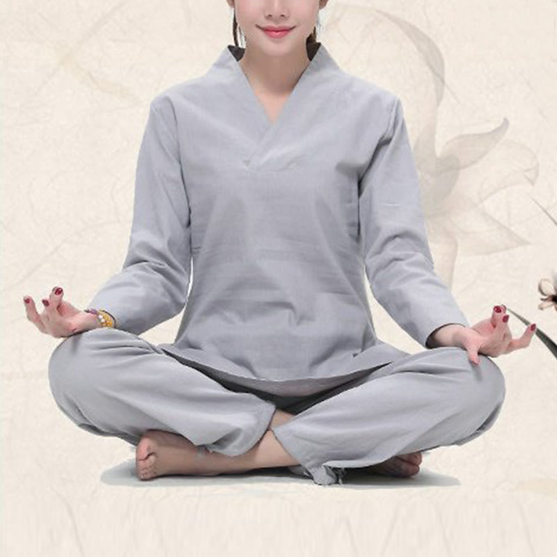 Buddha Stones Zen Practice Yoga Meditation Prayer V-neck Design Uniform Cotton Linen Clothing Women's Set - image 9