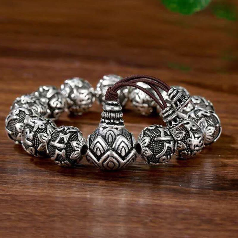 Buddha Stones Tibetan Om Mani Padme Hum Carved Alloy Beads Amulet Bracelet - Antique Silver - 16mm(Wrist Circumference 16-20cm) - image 2
