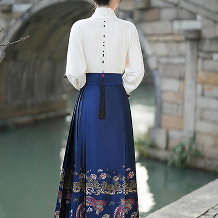 Buddha Stones Blue Phoenix Flowers Printed Chinese Hanfu Horse Face Skirt Mamianqun