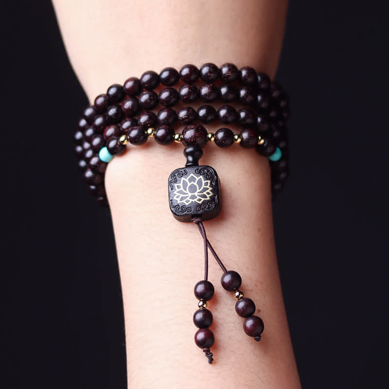Buddha Stones 108 Mala Beads Tibetan Small Leaf Red Sandalwood Lotus Balance Bracelet - image 3