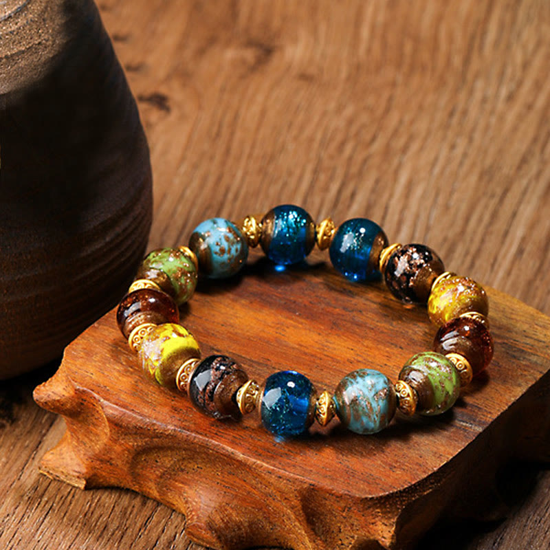Buddha Stones Gold Swallowing Beast Family Charm Liuli Glass Bead Fortune Bracelet - Multicolored(Random Color) - Simple Version - 12mm - image 22