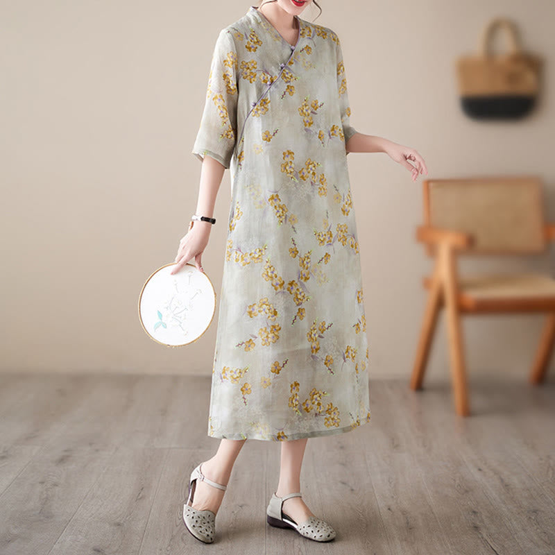 Buddha Stones Yellow Flowers Print Cheongsam Midi Dress Cotton Linen Half Sleeve Dress With Pockets