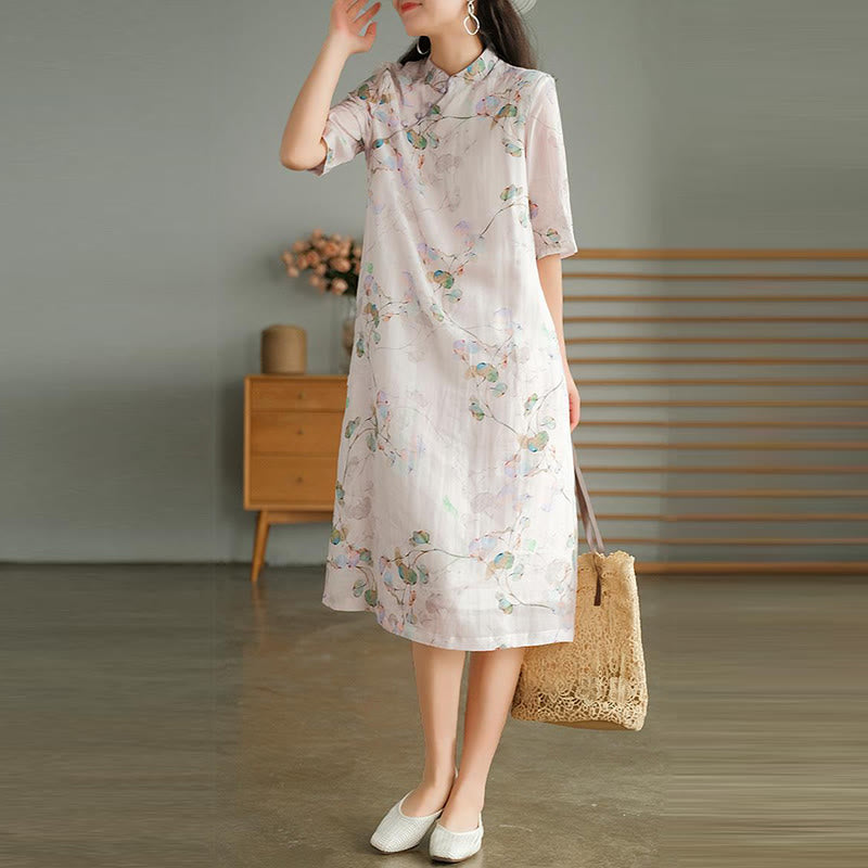 Buddha Stones Frog-button Leaves Branches Midi Dress Cotton Linen Short Sleeve Dress With Pockets