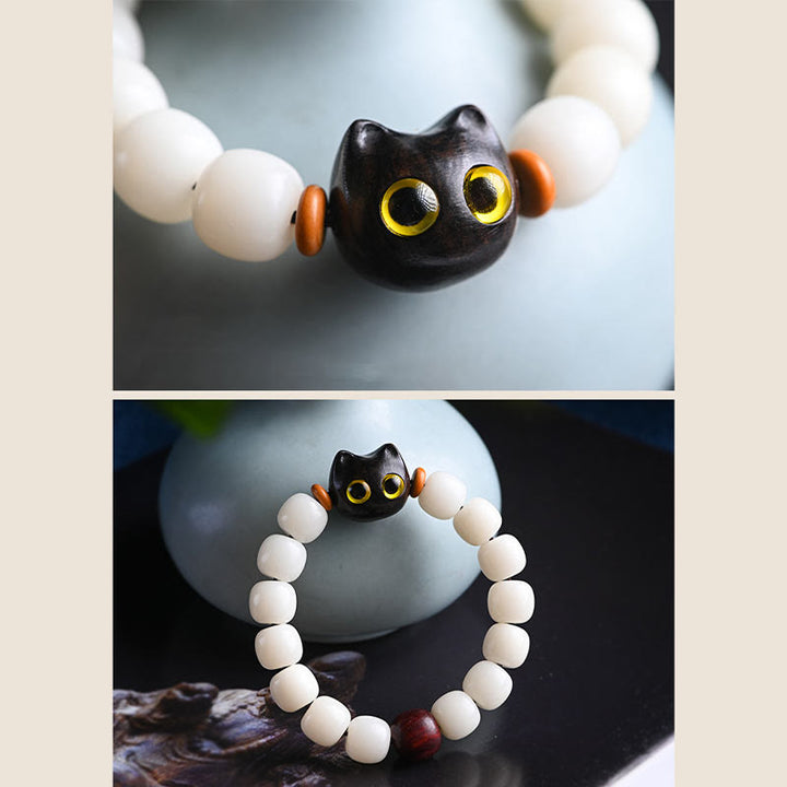 Buddha Stones Natural Bodhi Seed Small Leaf Red Sandalwood Ebony Wood Cute Lucky Cat Wisdom Bracelet - image 16