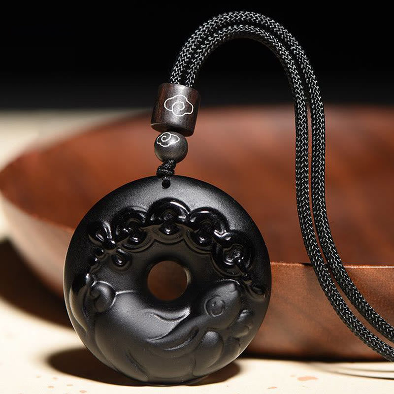 Buddha Stones Chinese Zodiac Natural Black Obsidian Peace Buckle Strength Necklace Pendant - Rabbit - image 1