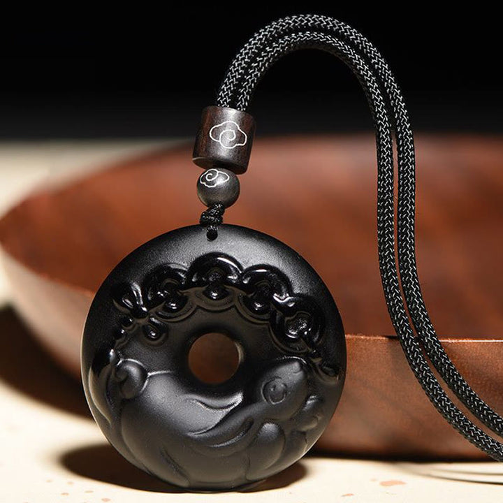 Buddha Stones Chinese Zodiac Natural Black Obsidian Peace Buckle Strength Necklace Pendant - Rabbit - image 1