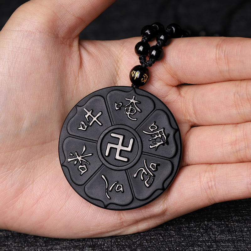 Buddha Stones Natural Black Obsidian Tibetan Om Mani Padme Hum Buddha Swastika Luck Necklace Pendant