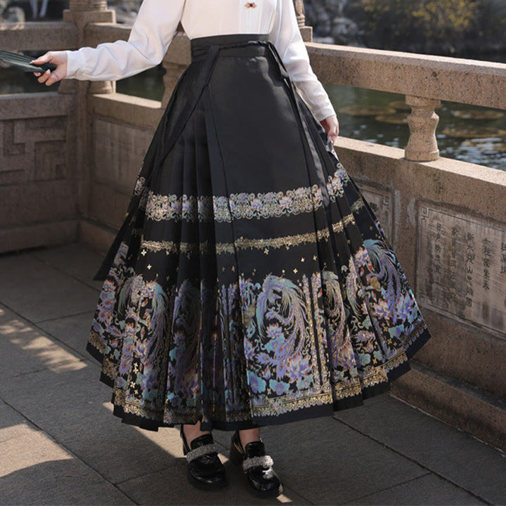 Buddha Stones Chinese Hanfu Phoenix Feathers Printed Horse Face Skirt Mamianqun