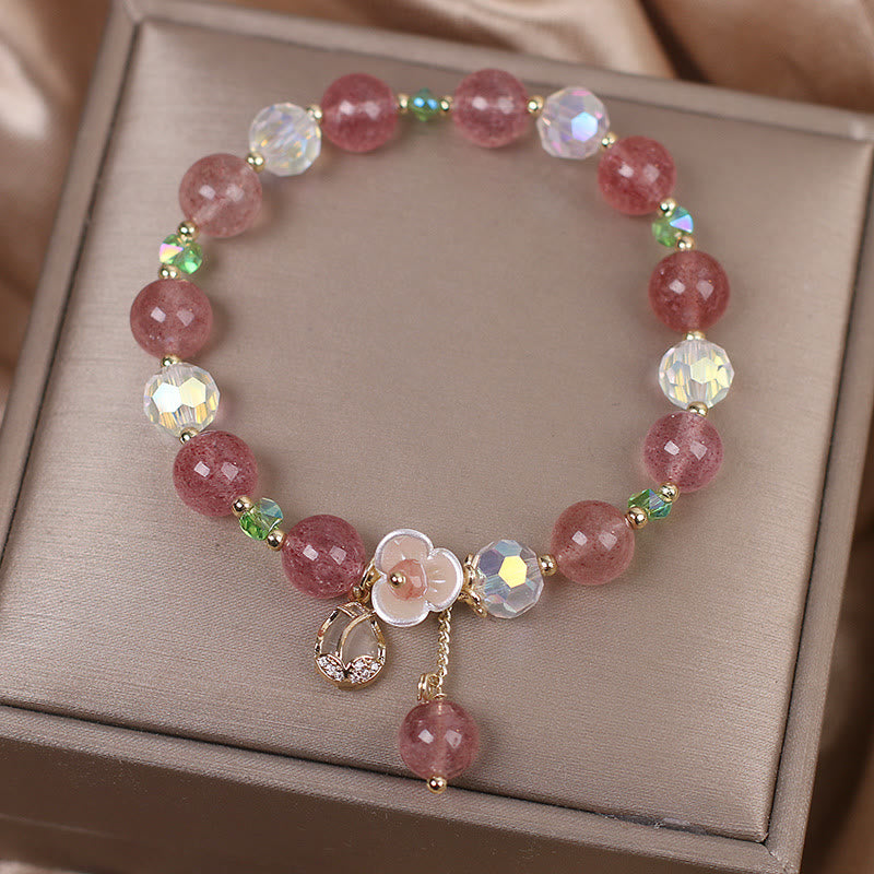 Buddha Stones Strawberry Quartz Rutilated Quartz Fluorite Flower Healing Bracelet