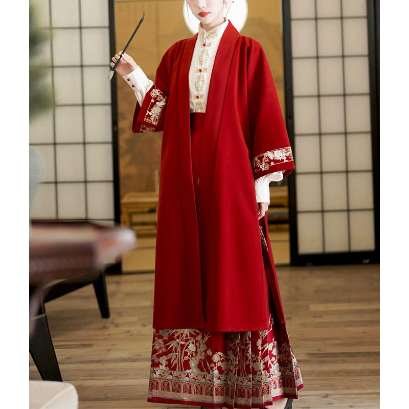 Buddha Stones Flower Bamboo Embroidery Long Sleeve Shirt Top Chinese Horse Face Skirt Mamianqun Wrapped Skirt Coat