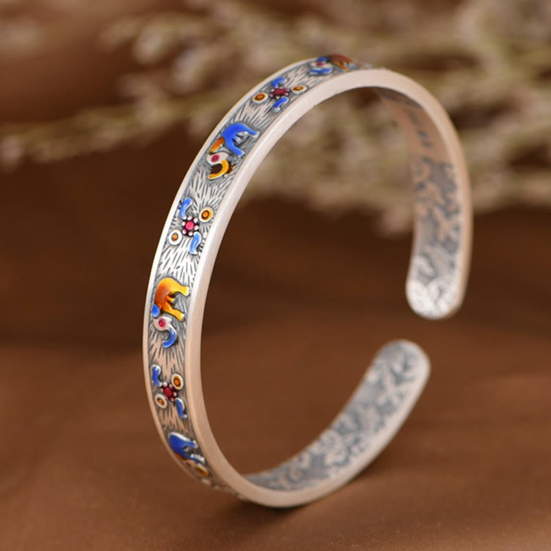 Buddha Stones 999 Sterling Silver Elephant Strength Wisdom Bracelet Cuff Bangle - image 2
