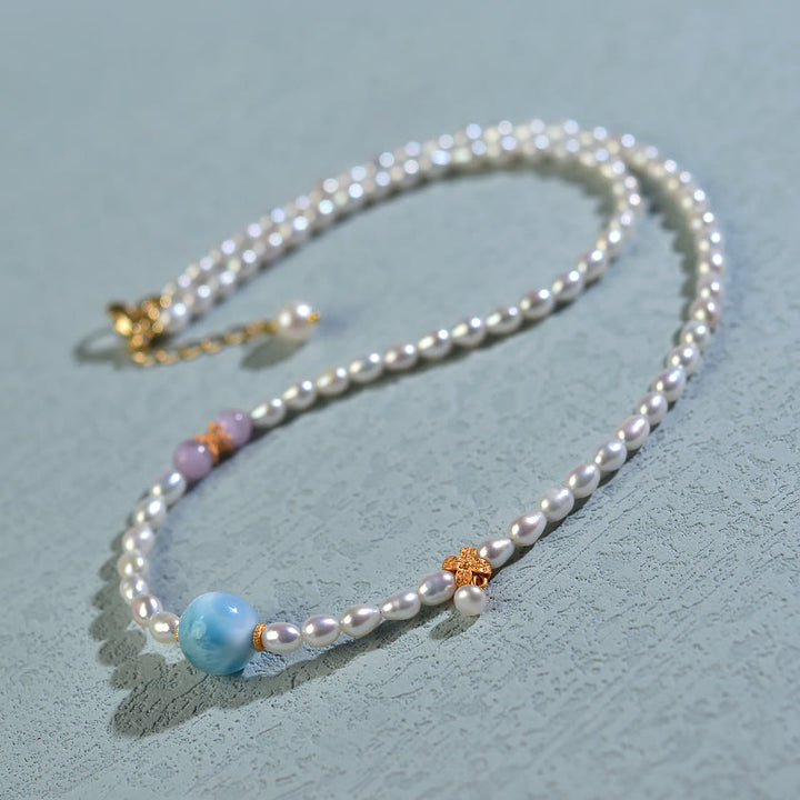 Buddha Stones 925 Sterling Silver Natural Pearl Larimar Sincerity Necklace Pendant - Pearl(Healing♥Wisdom) - image 0