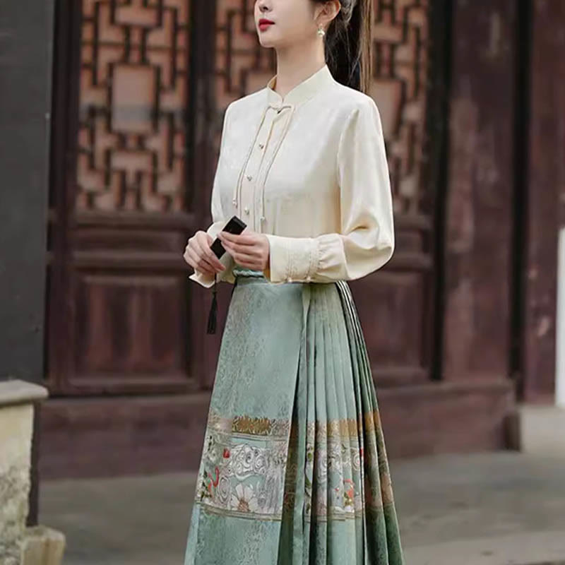 Buddha Stones Chinese Hanfu Green Peach Garden Printed Horse Face Skirt Mamianqun