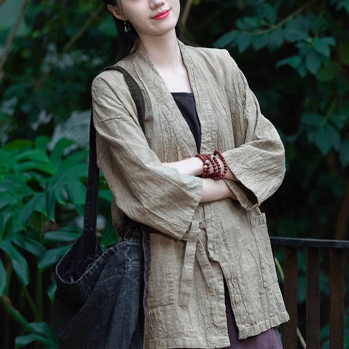 Buddha Stones Hanfu Design Three Quarter Sleeve Ramie Linen Coat Open Front Top Jacket