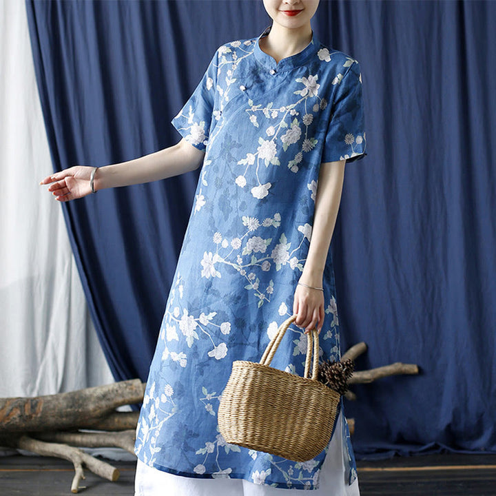 Buddha Stones Ramie Linen Blue White Flowers Branches Cheongsam Dresses Short Sleeve Dress