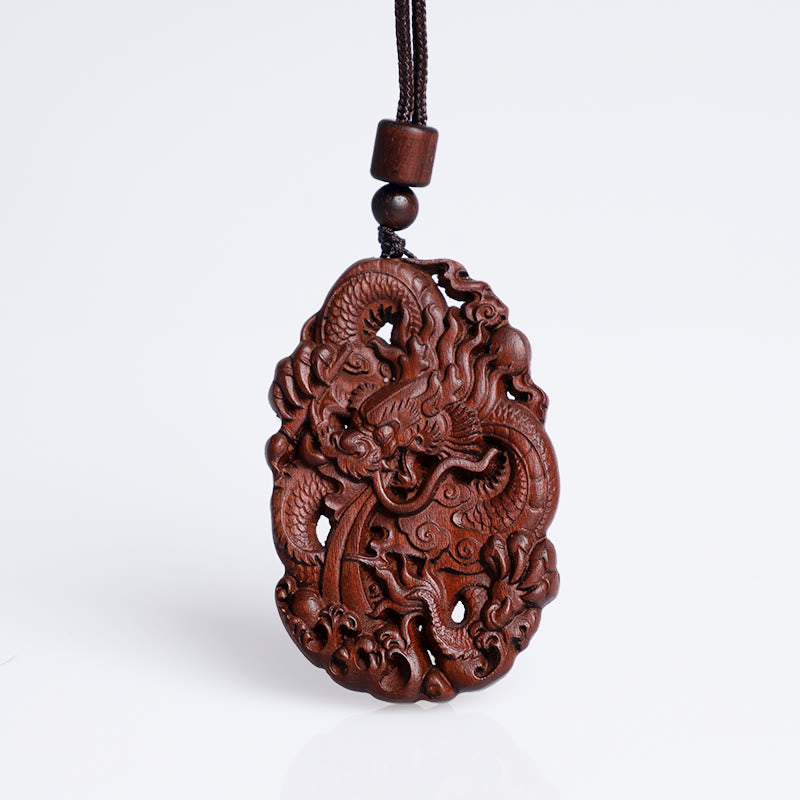 Buddha Stones Lightning Struck Jujube Wood Double Dragon Relief Ward Off Evil Spirits Necklace Pendant