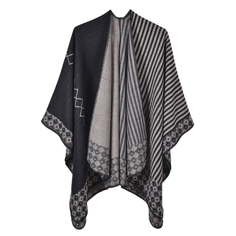 Tibetan Shawl Striped Diamond Pattern Winter Warm Soft Scarf - Black Gray - image 20