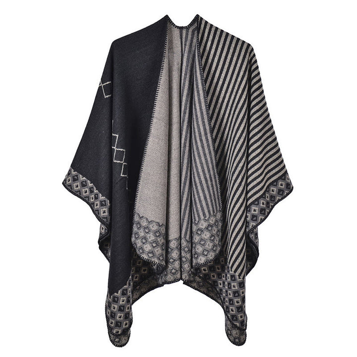 Tibetan Shawl Striped Diamond Pattern Winter Warm Soft Scarf - Black Gray - image 20