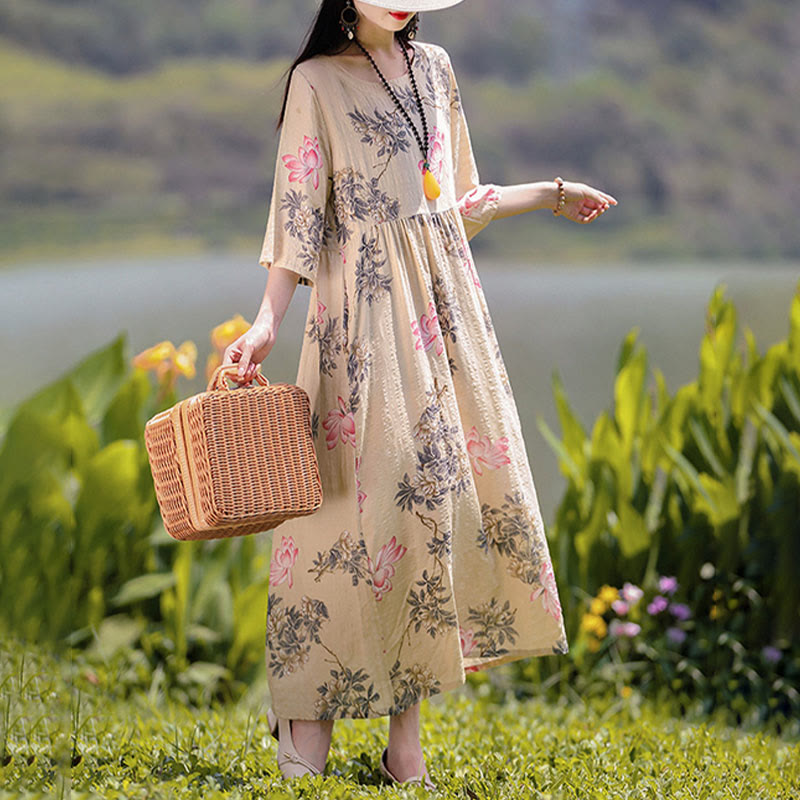 Buddha Stones Flowers Print Midi Dress Cotton Linen Tunic Dress With Pockets