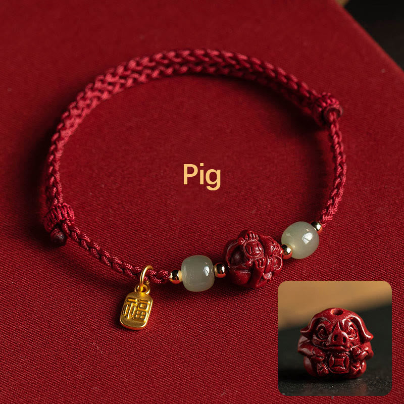 Buddha Stones Natural Cinnabar Chinese Zodiac Hetian Jade Fu Character Luck Rope Bracelet