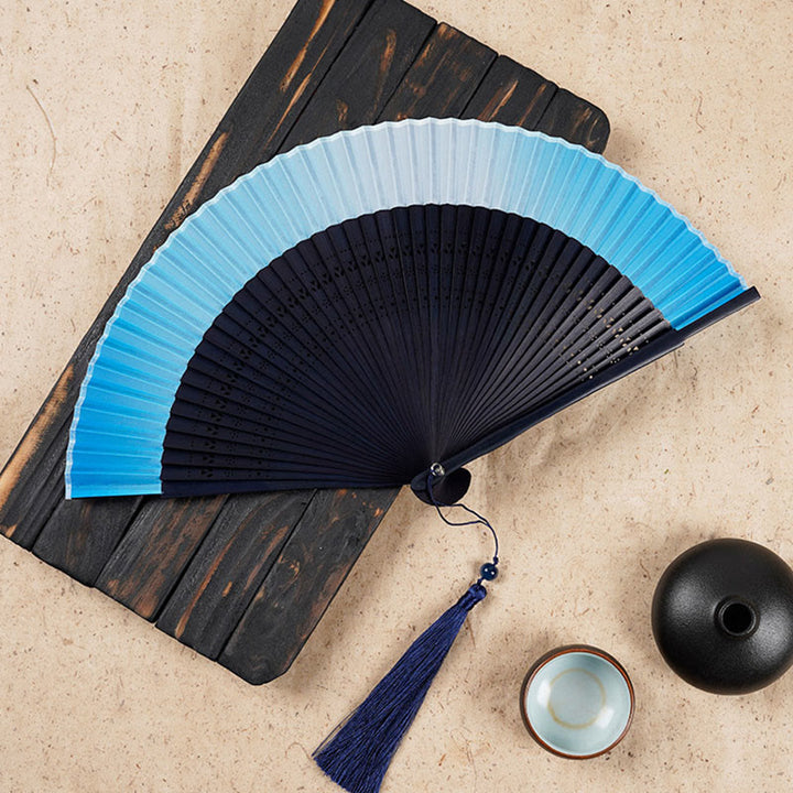 Buddha Stones Solid Color Gradient Hollow Engraved Handheld Bamboo Folding Fan