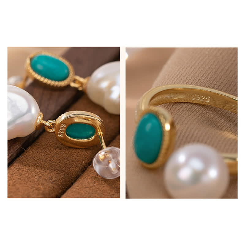 925 Sterling Silver Pearl Turquoise Healing Ring Earrings Necklace Pendant - image 4