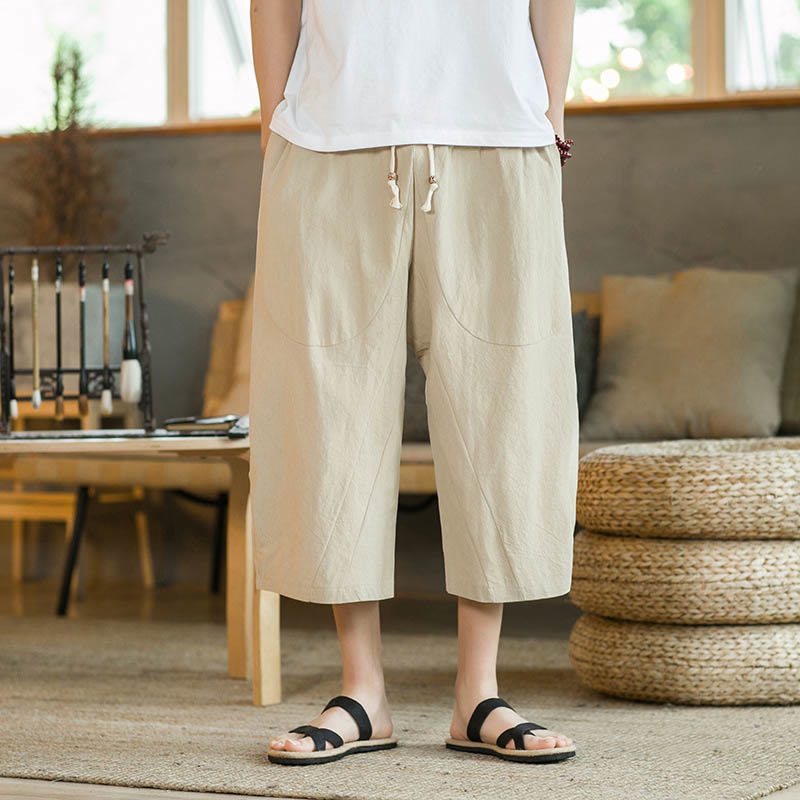 Buddha Stones Solid Color Mid-length Linen Men's Wide Leg Pants With Pockets