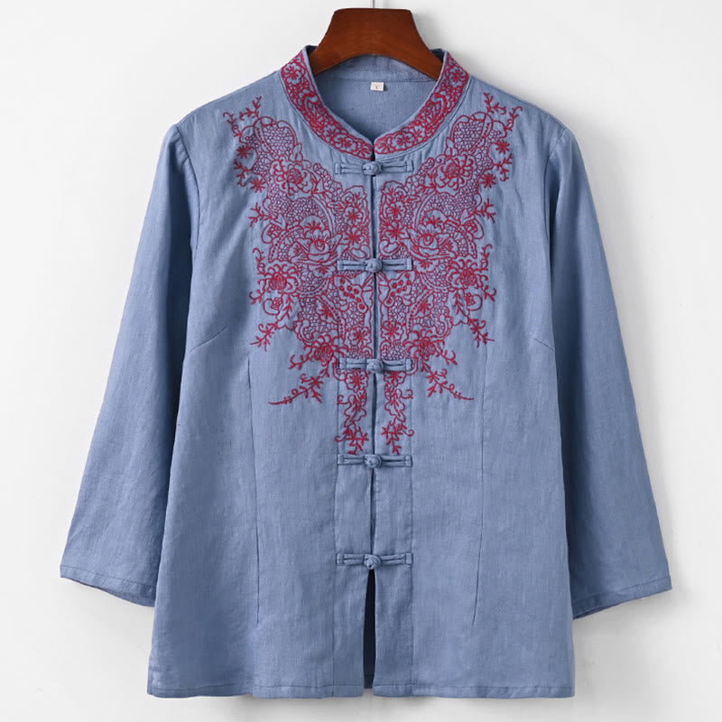 Buddha Stones Flower Embroidery Frog-button Design Shirt Top Linen Clothing