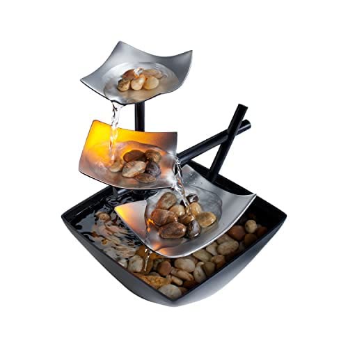 Three Layers Waterfall Fountain Tabletop Lotus Ornaments With River Rocks Desktop Decoration - Silver - AU Standard - image 0