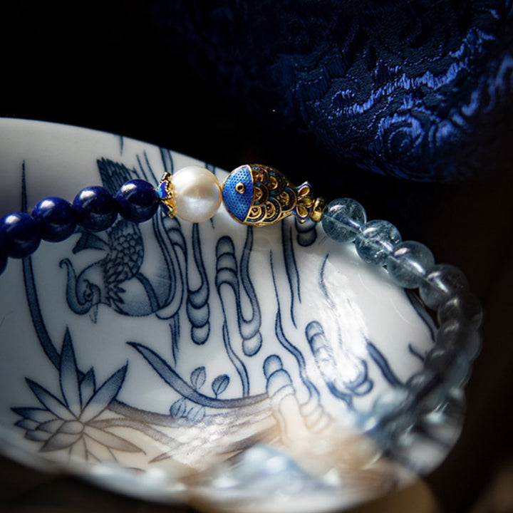 Buddha Stones Natural Aquamarine Lazurite Lapis Lazuli Fish Healing Bracelet - image 4