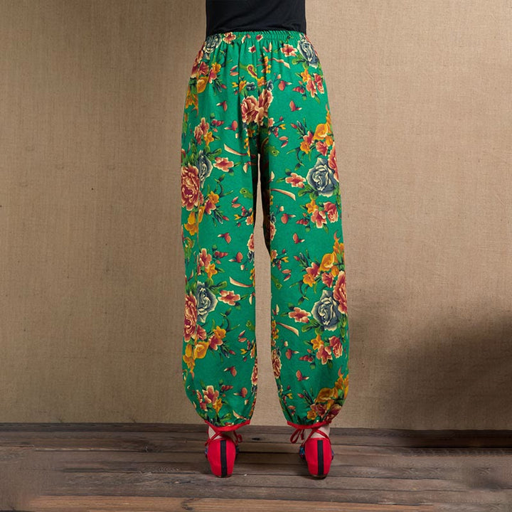 Buddha Stones Ethnic Style Red Green Flowers Print Harem Pants With Pockets